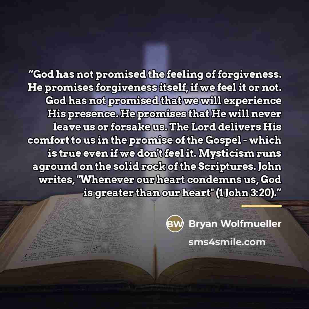 “God has not promised the feeling of forgiveness. He promises forgiveness itself, if we feel it or not. God has not promised that we will experience His presence. He promises that He will never leave us or forsake us. The Lord delivers His comfort to us in the promise of the Gospel - which is true…” quote by Bryan Wolfmueller