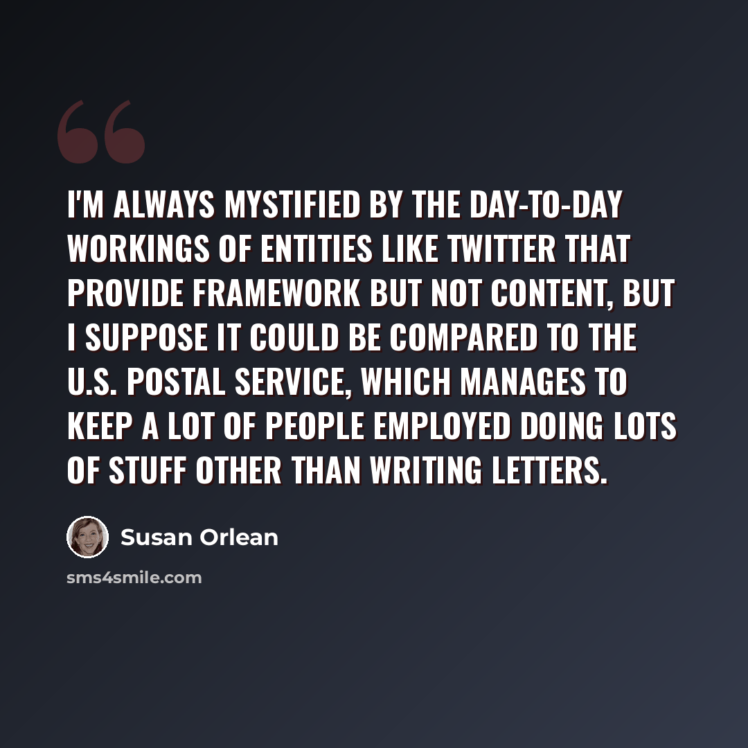 “I'm always mystified by the day-to-day workings of entities like Twitter that provide framework but not content, but I suppose it could be compared to the U.S. Postal Service, which manages to keep a lot of people employed doing lots of stuff other than writing letters.” quote by Susan Orlean