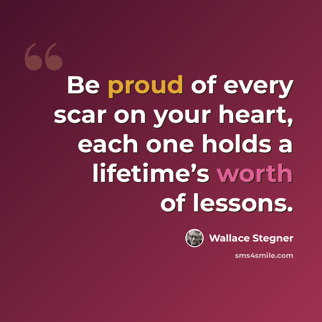“Be proud of every scar on your heart, each one holds a lifetime’s worth of lessons.” quote by Wallace Stegner