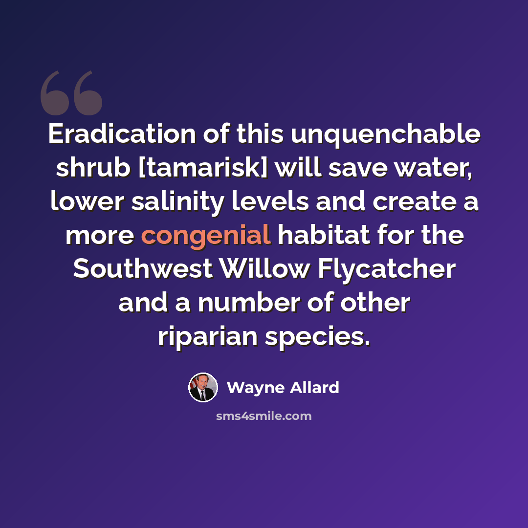 “Eradication of this unquenchable shrub [tamarisk] will save water, lower salinity levels and create a more congenial habitat for the Southwest Willow Flycatcher and a number of other riparian species.” quote by Wayne Allard