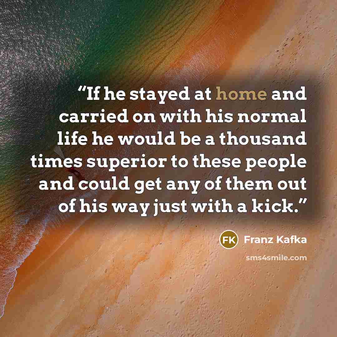 “If he stayed at home and carried on with his normal life he would be a thousand times superior to these people and could get any of them out of his way just with a kick.” quote by Franz Kafka