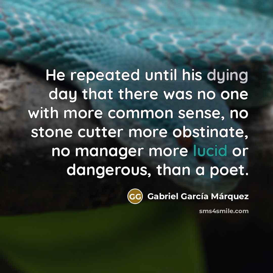 “He repeated until his dying day that there was no one with more common sense, no stone cutter more obstinate, no manager more lucid or dangerous, than a poet.” quote by Gabriel Garcia Marquez