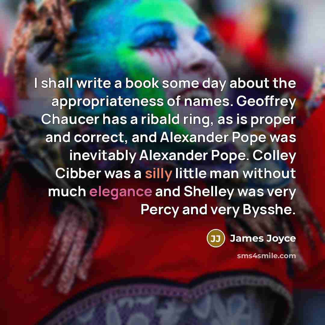 “I shall write a book some day about the appropriateness of names. Geoffrey Chaucer has a ribald ring, as is proper and correct, and Alexander Pope was inevitably Alexander Pope. Colley Cibber was a silly little man without much elegance and Shelley was very Percy and very Bysshe.” quote by James Joyce