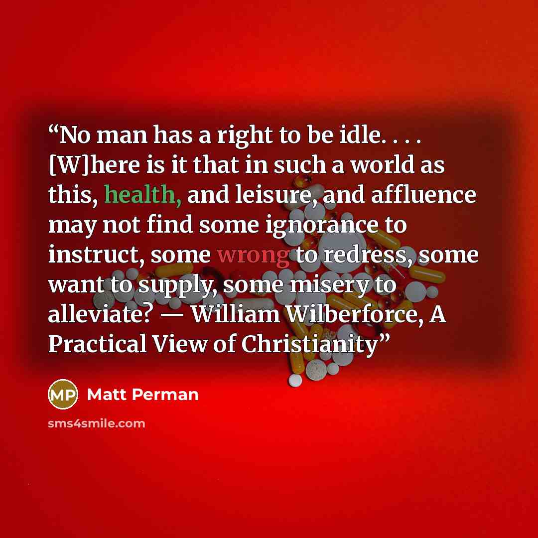 “No man has a right to be idle. . . . [W]here is it that in such a world as this, health, and leisure, and affluence may not find some ignorance to instruct, some wrong to redress, some want to supply, some misery to alleviate? — William Wilberforce, A Practical View of Christianity” quote by Matt Perman