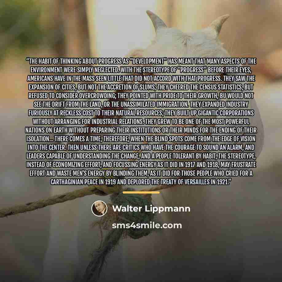 “The habit of thinking about progress as "development" has meant that many aspects of the environment were simply neglected. With the stereotype of "progress" before their eyes, Americans have in the mass seen little that did not accord with that progress. They saw the expansion of cities, but not…” quote by Walter Lippmann