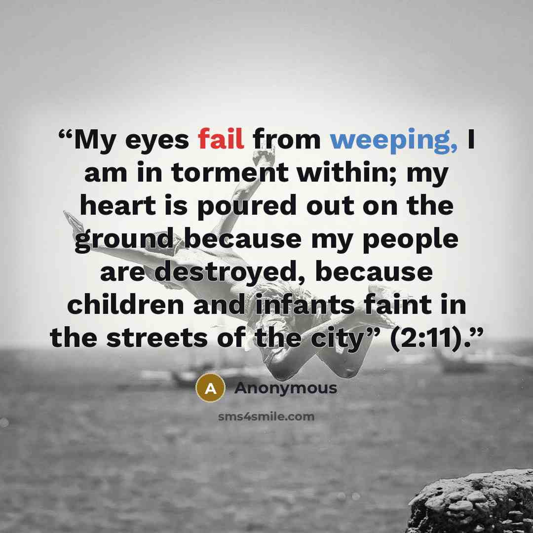“My eyes fail from weeping, I am in torment within; my heart is poured out on the ground because my people are destroyed, because children and infants faint in the streets of the city” (2:11).” quote by Anonymous