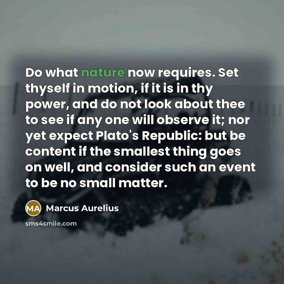 “Do what nature now requires. Set thyself in motion, if it is in thy power, and do not look about thee to see if any one will observe it; nor yet expect Plato's Republic: but be content if the smallest thing goes on well, and consider such an event to be no small matter.” quote by Marcus Aurelius