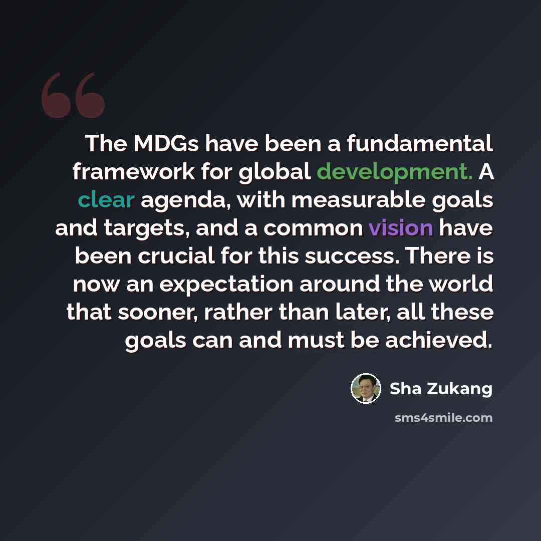 “The MDGs have been a fundamental framework for global development. A clear agenda, with measurable goals and targets, and a common vision have been crucial for this success. There is now an expectation around the world that sooner, rather than later, all these goals can and must be achieved.” quote by Sha Zukang