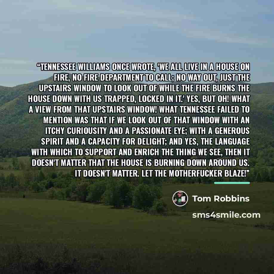 “Tennessee Williams once wrote, 'We all live in a house on fire, no fire department to call; no way out, just the upstairs window to look out of while the fire burns the house down with us trapped, locked in it.' Yes, but oh! What a view from that upstairs window! What Tennessee failed to mention…” quote by Tom Robbins