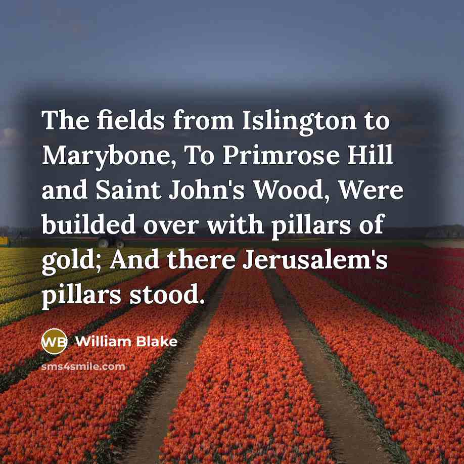 “The fields from Islington to Marybone, To Primrose Hill and Saint John's Wood, Were builded over with pillars of gold; And there Jerusalem's pillars stood.” quote by William Blake