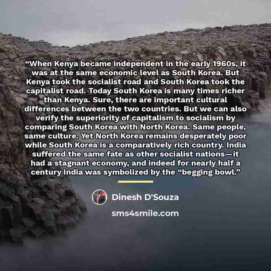 “When Kenya became independent in the early 1960s, it was at the same economic level as South Korea. But Kenya took the socialist road and South Korea took the capitalist road. Today South Korea is many times richer than Kenya. Sure, there are important cultural differences between the two…” quote by Dinesh D'Souza