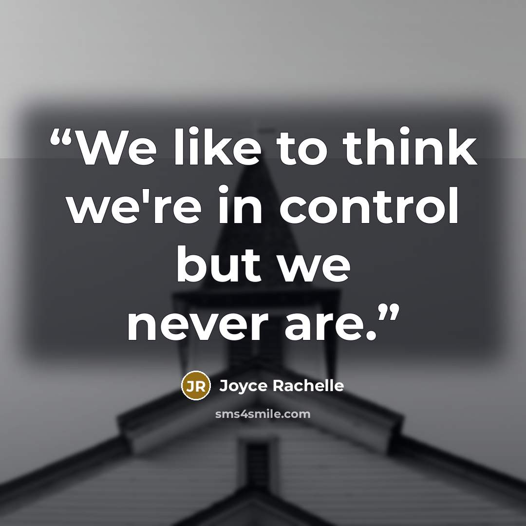 “We like to think we're in control but we never are.” quote by Joyce Rachelle