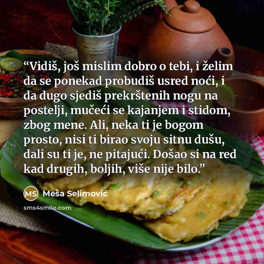 “Vidiš, još mislim dobro o tebi, i želim da se ponekad probudiš usred noći, i da dugo sjediš prekrštenih nogu na postelji, mučeći se kajanjem i stidom, zbog mene. Ali, neka ti je bogom prosto, nisi ti birao svoju sitnu dušu, dali su ti je, ne pitajući. Došao si na red kad drugih, boljih, više nije…” quote by Meša Selimović