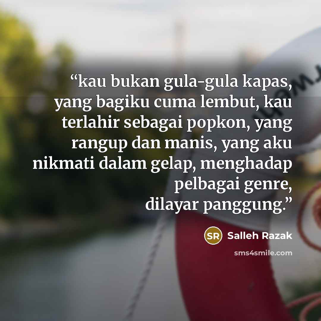 “kau bukan gula-gula kapas, yang bagiku cuma lembut, kau terlahir sebagai popkon, yang rangup dan manis, yang aku nikmati dalam gelap, menghadap pelbagai genre, dilayar panggung.” quote by Salleh Razak