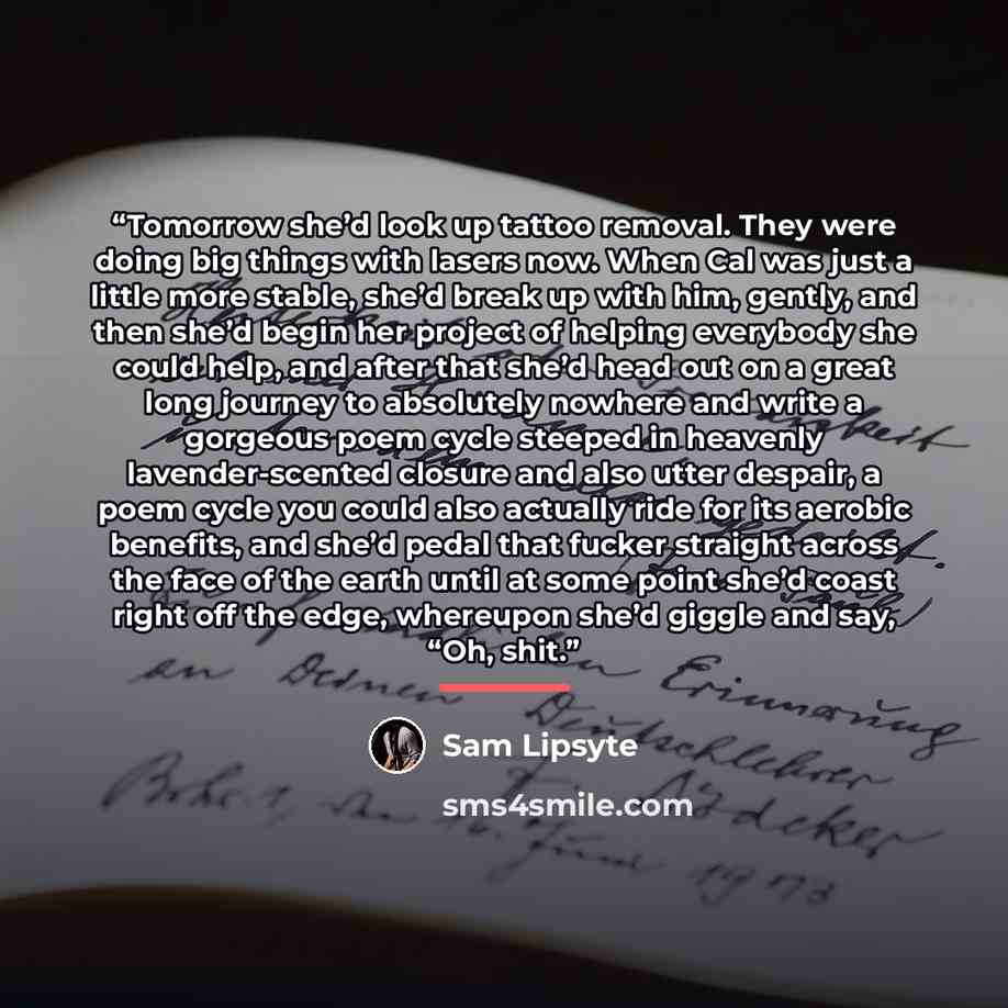 “Tomorrow she’d look up tattoo removal. They were doing big things with lasers now. When Cal was just a little more stable, she’d break up with him, gently, and then she’d begin her project of helping everybody she could help, and after that she’d head out on a great long journey to absolutely…” quote by Sam Lipsyte