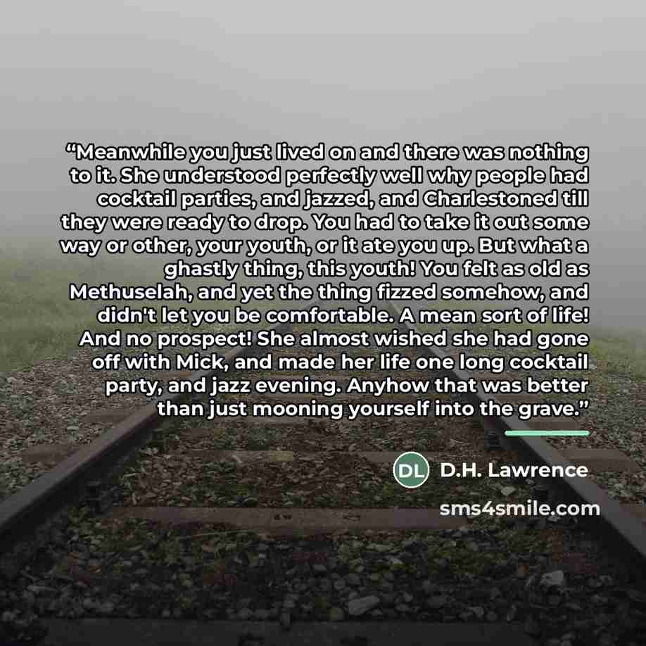 “Meanwhile you just lived on and there was nothing to it. She understood perfectly well why people had cocktail parties, and jazzed, and Charlestoned till they were ready to drop. You had to take it out some way or other, your youth, or it ate you up. But what a ghastly thing, this youth! You felt…” quote by D.H. Lawrence