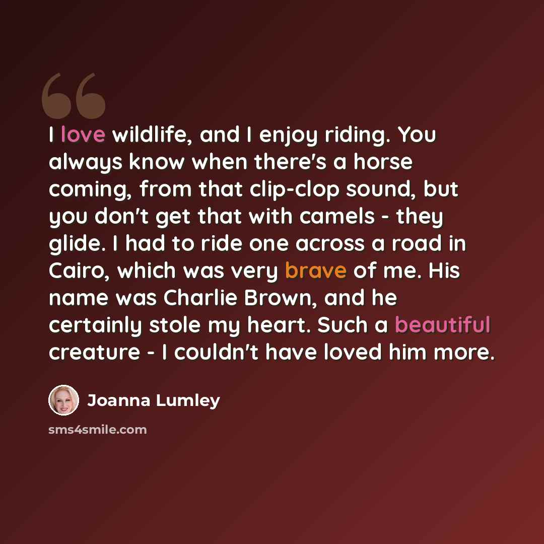 “I love wildlife, and I enjoy riding. You always know when there's a horse coming, from that clip-clop sound, but you don't get that with camels - they glide. I had to ride one across a road in Cairo, which was very brave of me. His name was Charlie Brown, and he certainly stole my heart. Such a…” quote by Joanna Lumley