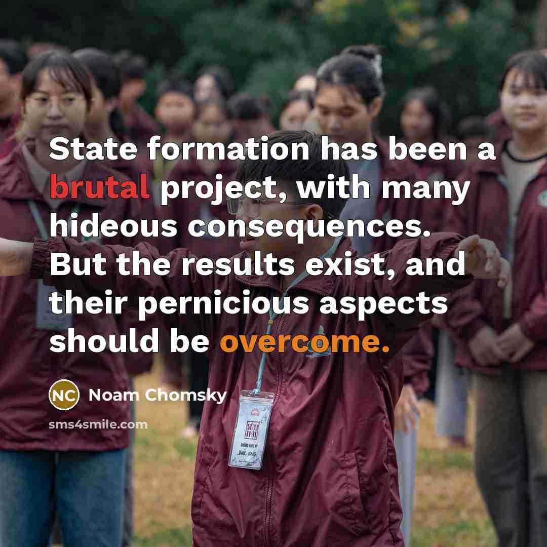 “State formation has been a brutal project, with many hideous consequences. But the results exist, and their pernicious aspects should be overcome.” quote by Noam Chomsky