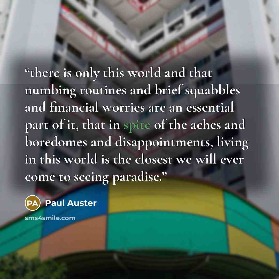 “there is only this world and that numbing routines and brief squabbles and financial worries are an essential part of it, that in spite of the aches and boredomes and disappointments, living in this world is the closest we will ever come to seeing paradise.” quote by Paul Auster