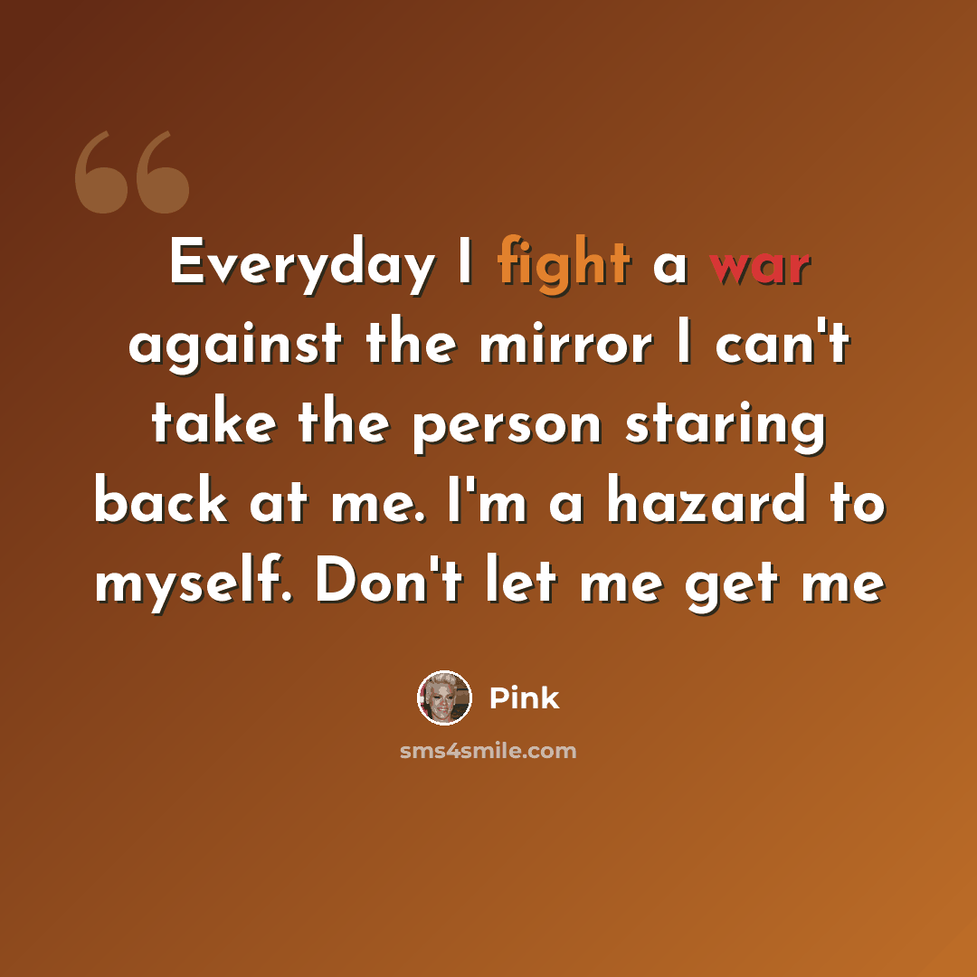 “Everyday I fight a war against the mirror I can't take the person staring back at me. I'm a hazard to myself. Don't let me get me” quote by Pink