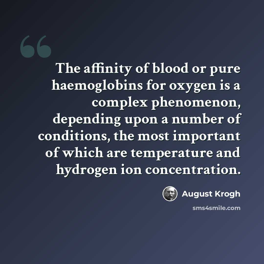 “The affinity of blood or pure haemoglobins for oxygen is a complex phenomenon, depending upon a number of conditions, the most important of which are temperature and hydrogen ion concentration.” quote by August Krogh
