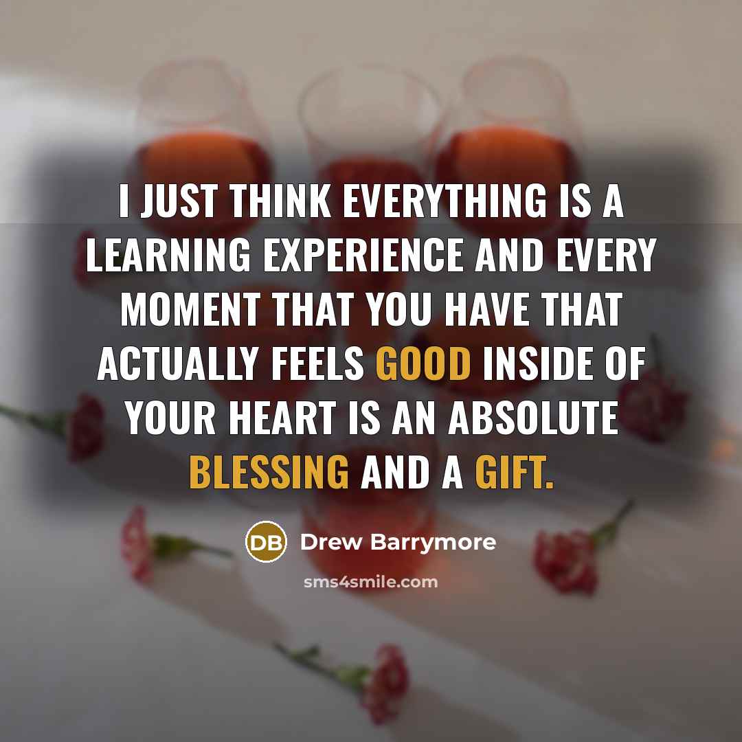 “I just think everything is a learning experience and every moment that you have that actually feels good inside of your heart is an absolute blessing and a gift.” quote by Drew Barrymore