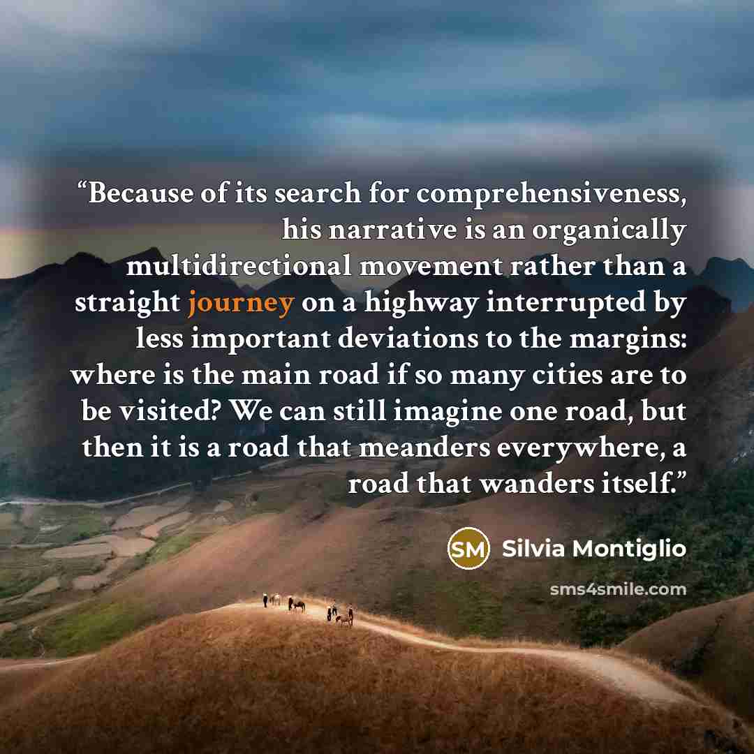 “Because of its search for comprehensiveness, his narrative is an organically multidirectional movement rather than a straight journey on a highway interrupted by less important deviations to the margins: where is the main road if so many cities are to be visited? We can still imagine one road, but…” quote by Silvia Montiglio