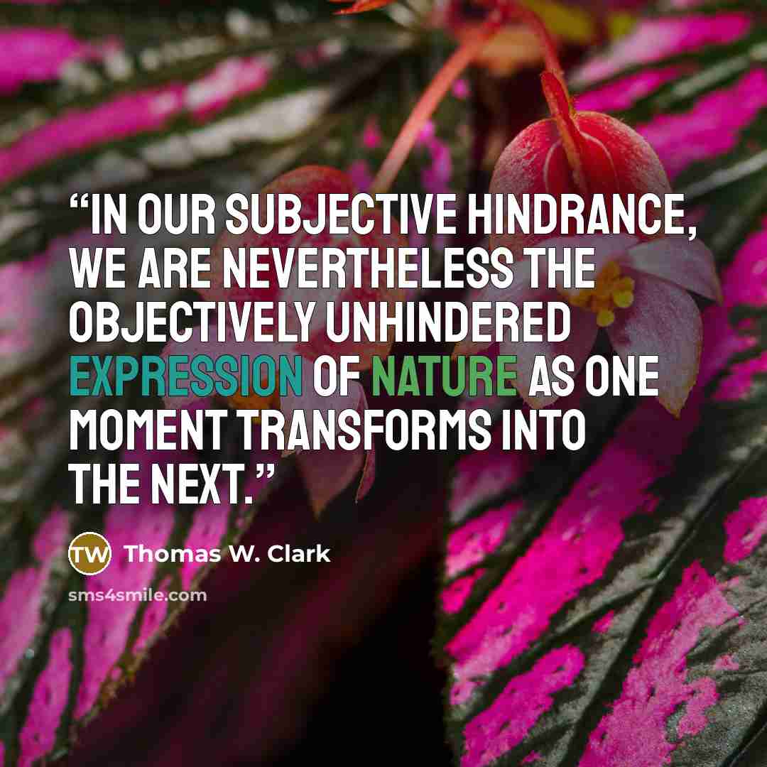 “In our subjective hindrance, we are nevertheless the objectively unhindered expression of nature as one moment transforms into the next.” quote by Thomas W. Clark