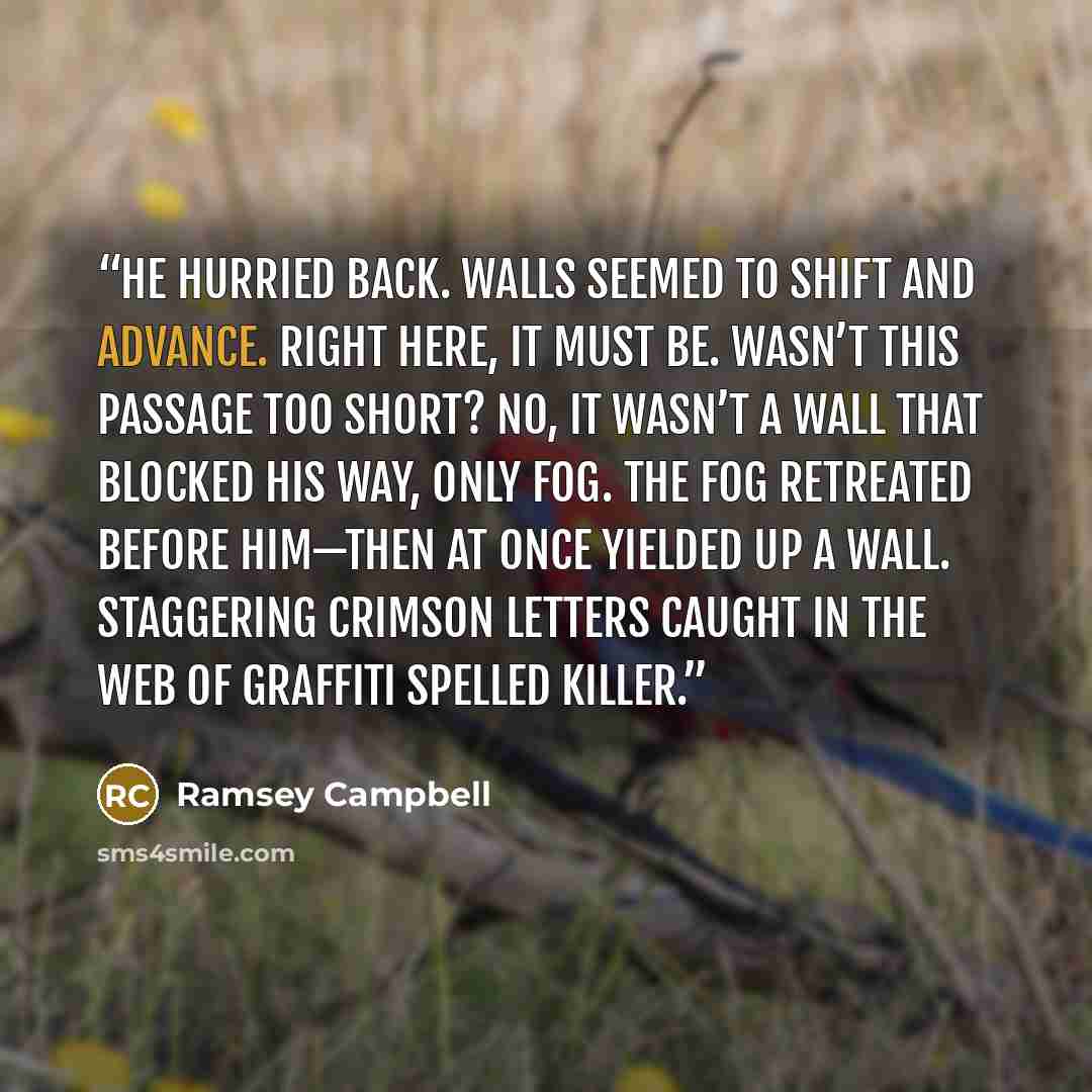 “He hurried back. Walls seemed to shift and advance. Right here, it must be. Wasn’t this passage too short? No, it wasn’t a wall that blocked his way, only fog. The fog retreated before him—then at once yielded up a wall. Staggering crimson letters caught in the web of graffiti spelled KILLER.” quote by Ramsey Campbell