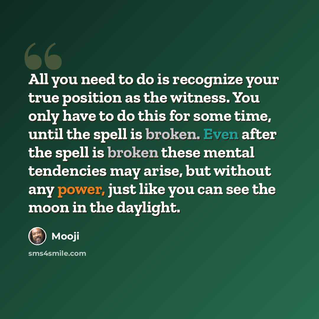“All you need to do is recognize your true position as the witness. You only have to do this for some time, until the spell is broken. Even after the spell is broken these mental tendencies may arise, but without any power, just like you can see the moon in the daylight.” quote by Mooji