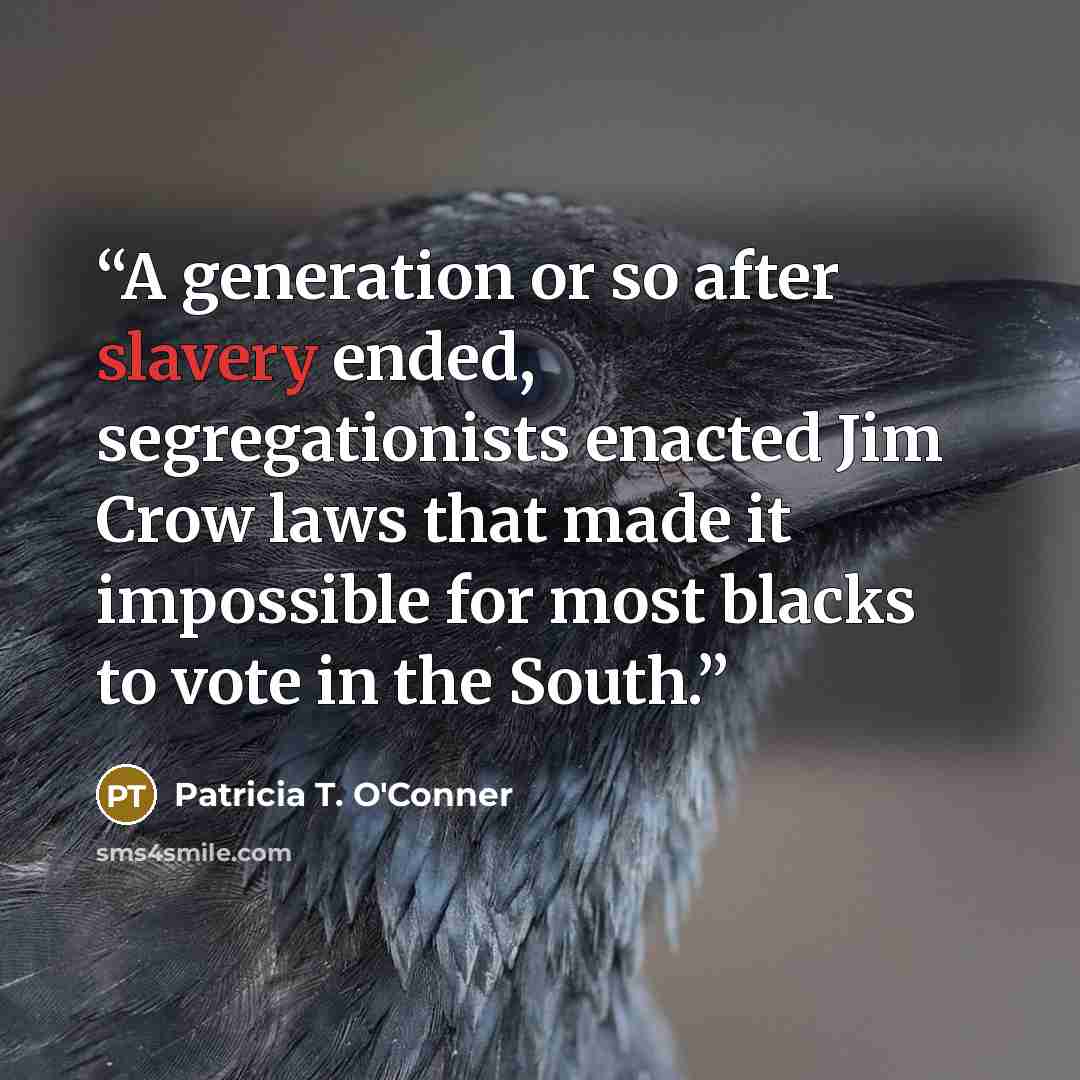 “A generation or so after slavery ended, segregationists enacted Jim Crow laws that made it impossible for most blacks to vote in the South.” quote by Patricia T. O'Conner