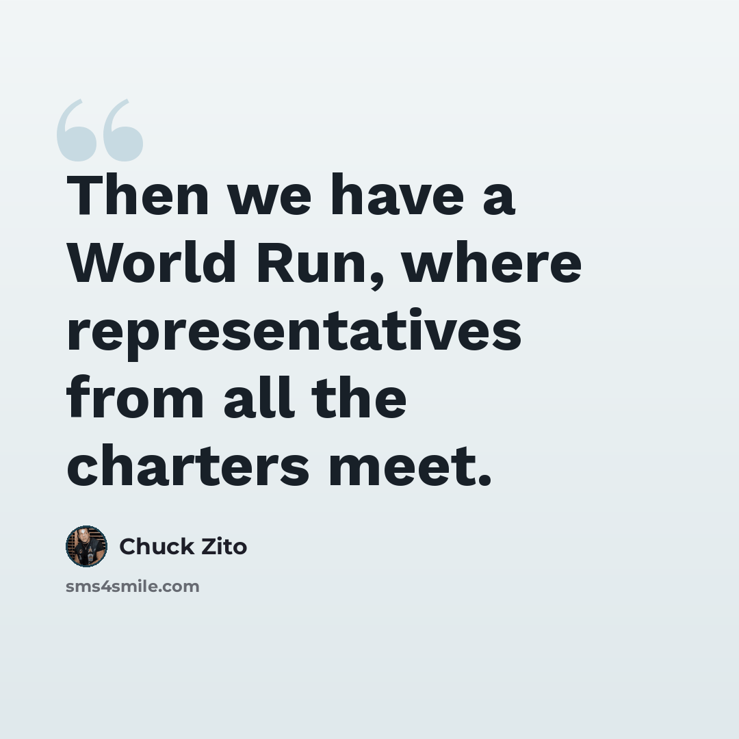 “Then we have a World Run, where representatives from all the charters meet.” quote by Chuck Zito