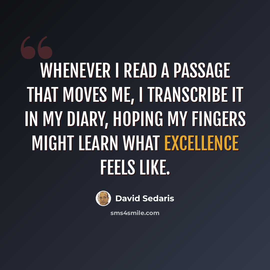 “whenever I read a passage that moves me, I transcribe it in my diary, hoping my fingers might learn what excellence feels like.” quote by David Sedaris