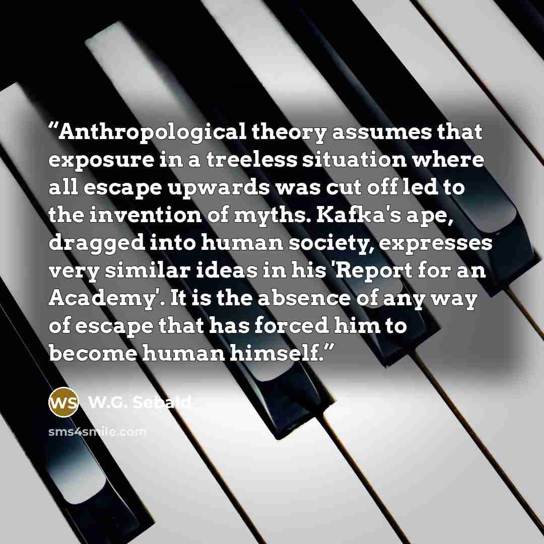 “Anthropological theory assumes that exposure in a treeless situation where all escape upwards was cut off led to the invention of myths. Kafka's ape, dragged into human society, expresses very similar ideas in his 'Report for an Academy'. It is the absence of any way of escape that has forced him…” quote by W.G. Sebald