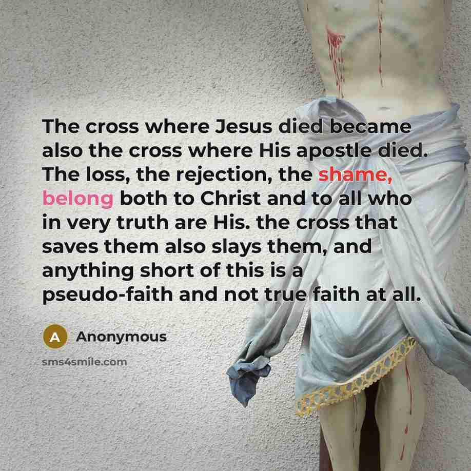“The cross where Jesus died became also the cross where His apostle died. The loss, the rejection, the shame, belong both to Christ and to all who in very truth are His. the cross that saves them also slays them, and anything short of this is a pseudo-faith and not true faith at all.” quote by Anonymous