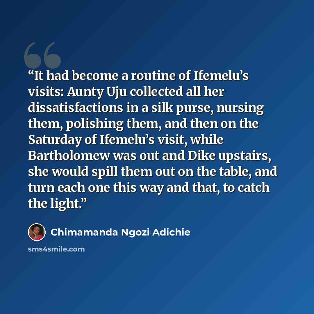 “It had become a routine of Ifemelu’s visits: Aunty Uju collected all her dissatisfactions in a silk purse, nursing them, polishing them, and then on the Saturday of Ifemelu’s visit, while Bartholomew was out and Dike upstairs, she would spill them out on the table, and turn each one this way and…” quote by Chimamanda Ngozi Adichie