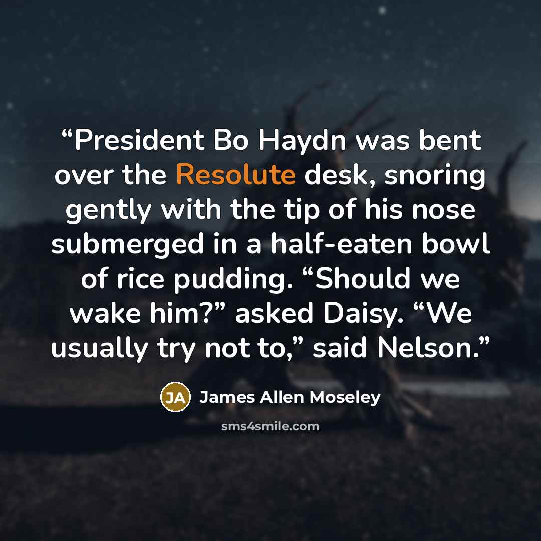 “President Bo Haydn was bent over the Resolute desk, snoring gently with the tip of his nose submerged in a half-eaten bowl of rice pudding. “Should we wake him?” asked Daisy. “We usually try not to,” said Nelson.” quote by James Allen Moseley