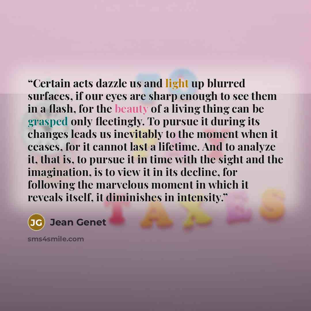 “Certain acts dazzle us and light up blurred surfaces, if our eyes are sharp enough to see them in a flash, for the beauty of a living thing can be grasped only fleetingly. To pursue it during its changes leads us inevitably to the moment when it ceases, for it cannot last a lifetime. And to…” quote by Jean Genet