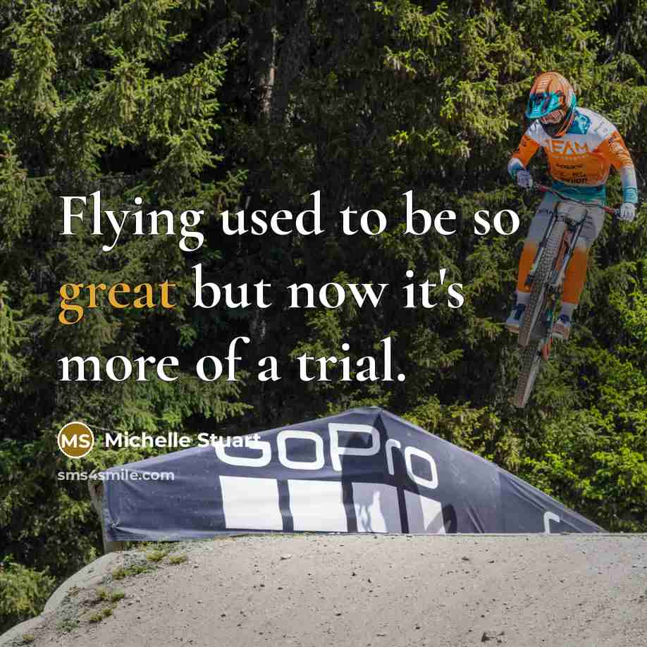 “Flying used to be so great but now it's more of a trial.” quote by Michelle Stuart