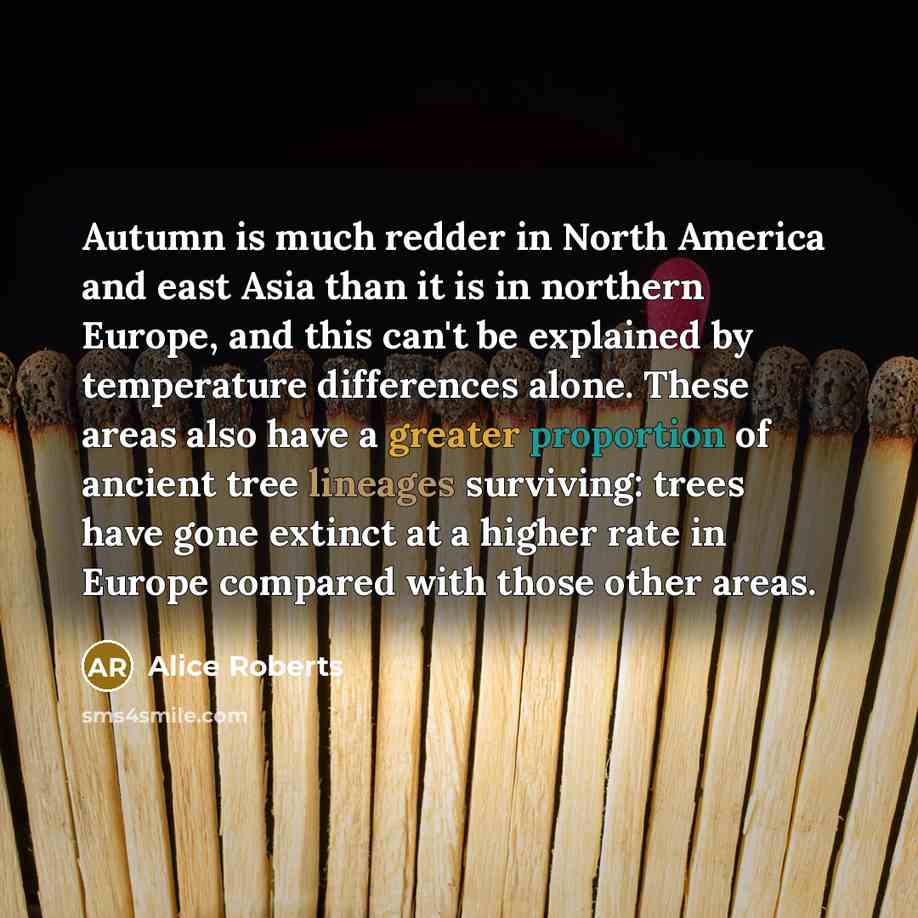 “Autumn is much redder in North America and east Asia than it is in northern Europe, and this can't be explained by temperature differences alone. These areas also have a greater proportion of ancient tree lineages surviving: trees have gone extinct at a higher rate in Europe compared with those…” quote by Alice Roberts