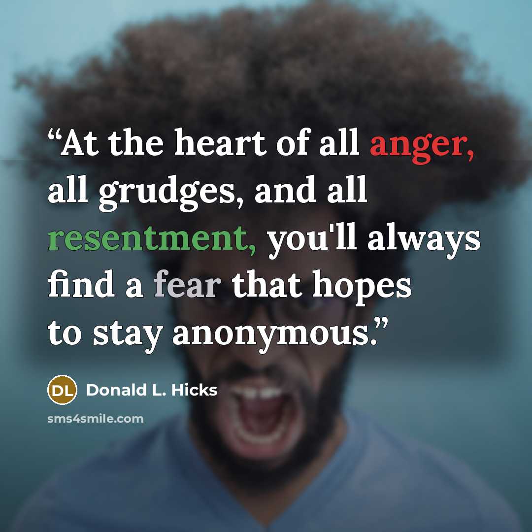 “At the heart of all anger, all grudges, and all resentment, you'll always find a fear that hopes to stay anonymous.” quote by Donald L. Hicks