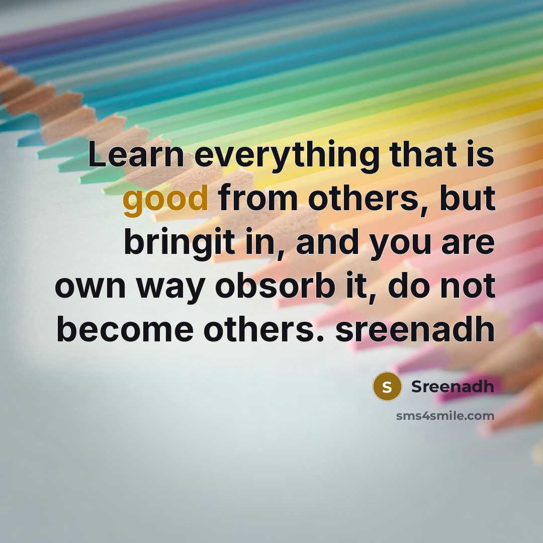 “Learn everything that is good from others, but bringit in, and you are own way obsorb it, do not become others. sreenadh” quote by Sreenadh