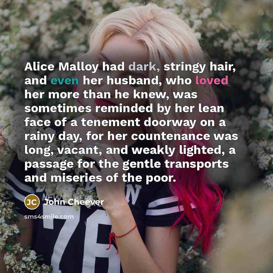 “Alice Malloy had dark, stringy hair, and even her husband, who loved her more than he knew, was sometimes reminded by her lean face of a tenement doorway on a rainy day, for her countenance was long, vacant, and weakly lighted, a passage for the gentle transports and miseries of the poor.” quote by John Cheever