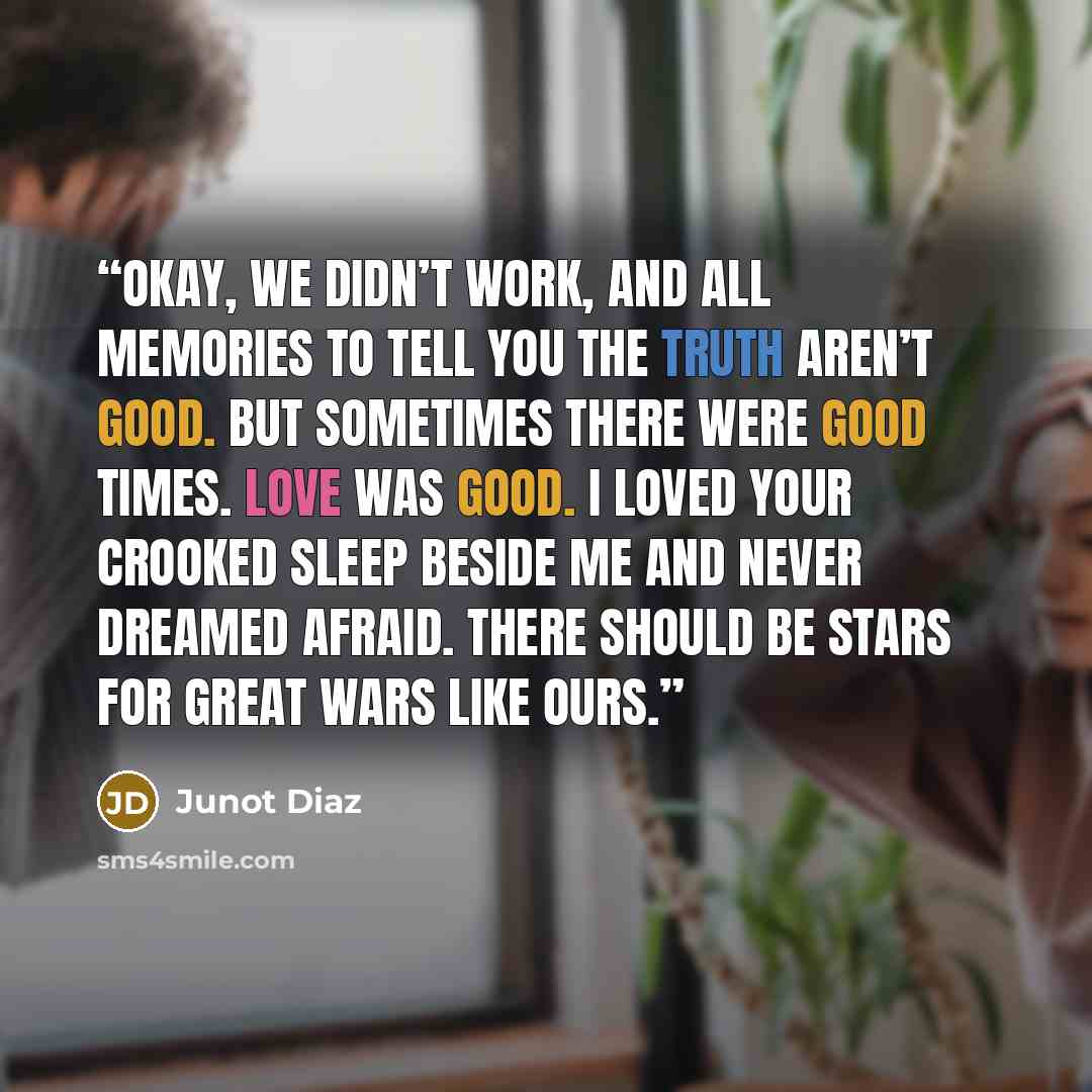 “Okay, we didn’t work, and all memories to tell you the truth aren’t good. But sometimes there were good times. Love was good. I loved your crooked sleep beside me and never dreamed afraid. There should be stars for great wars like ours.” quote by Junot Díaz