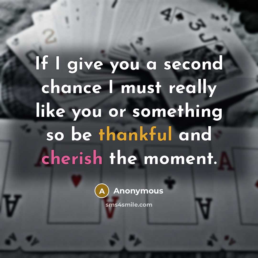 “If I give you a second chance I must really like you or something so be thankful and cherish the moment.” quote by Anonymous