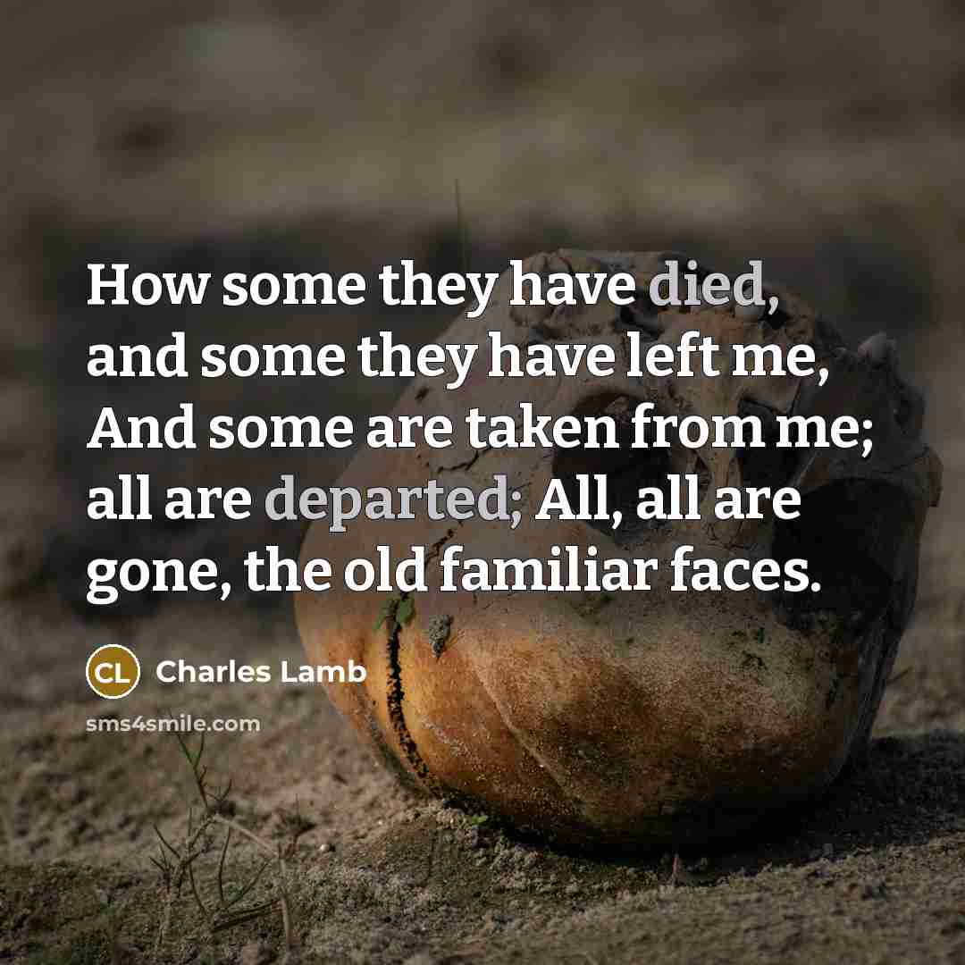 “How some they have died, and some they have left me, And some are taken from me; all are departed; All, all are gone, the old familiar faces.” quote by Charles Lamb