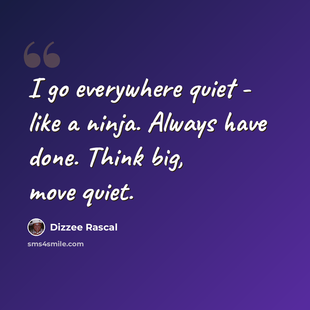 “I go everywhere quiet - like a ninja. Always have done. Think big, move quiet.” quote by Dizzee Rascal