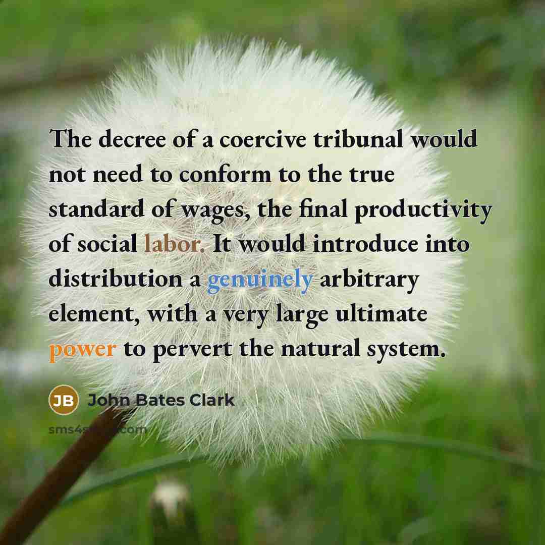 “The decree of a coercive tribunal would not need to conform to the true standard of wages, the final productivity of social labor. It would introduce into distribution a genuinely arbitrary element, with a very large ultimate power to pervert the natural system.” quote by John Bates Clark