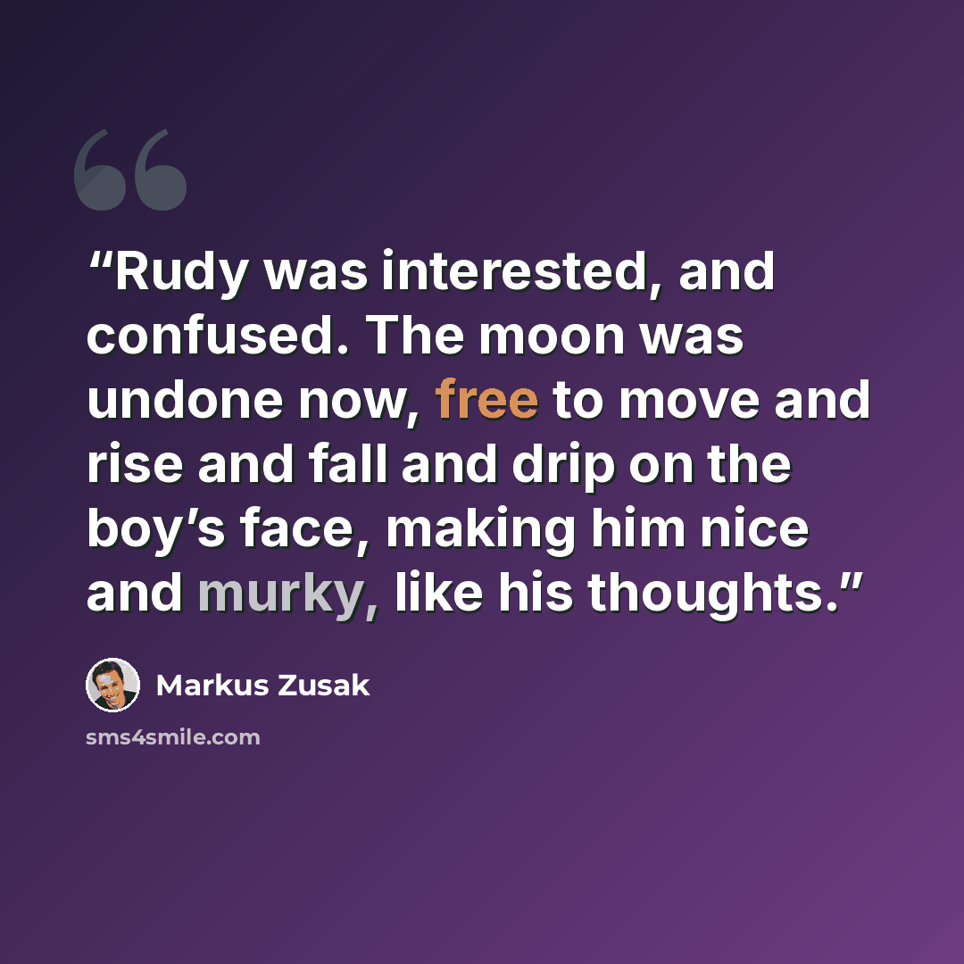 “Rudy was interested, and confused. The moon was undone now, free to move and rise and fall and drip on the boy’s face, making him nice and murky, like his thoughts.” quote by Markus Zusak