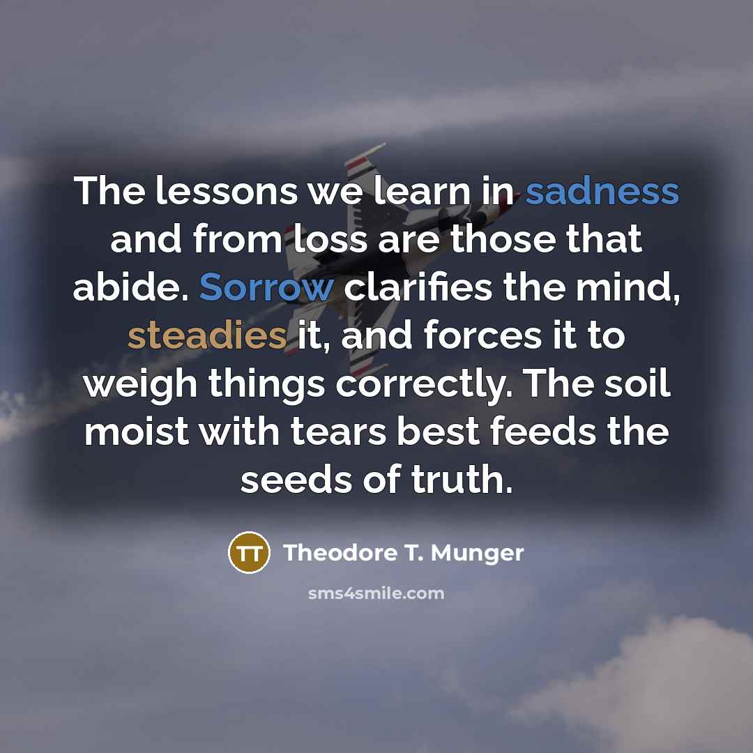 “The lessons we learn in sadness and from loss are those that abide. Sorrow clarifies the mind, steadies it, and forces it to weigh things correctly. The soil moist with tears best feeds the seeds of truth.” quote by Theodore T. Munger